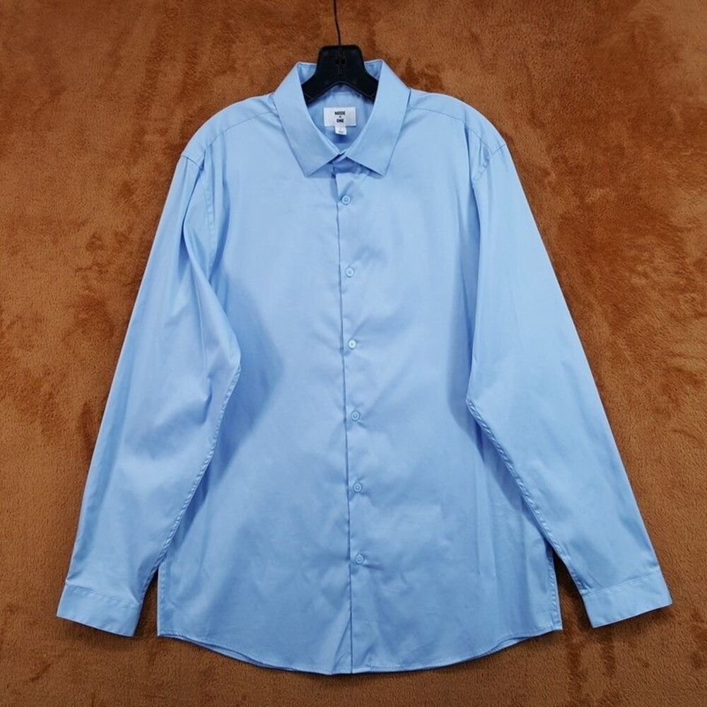 MODE OF ONE Dress Shirt Mens Large Solid Blue Button Up Cotton Blend Stretch